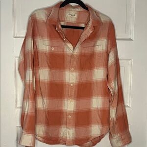 Madewell Coral and Cream Flannel Plaid Shirt